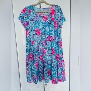 Lilly Pulitzer Geanna Short Sleeve Dress Zanzibar Blue Party Princess XL NEW!